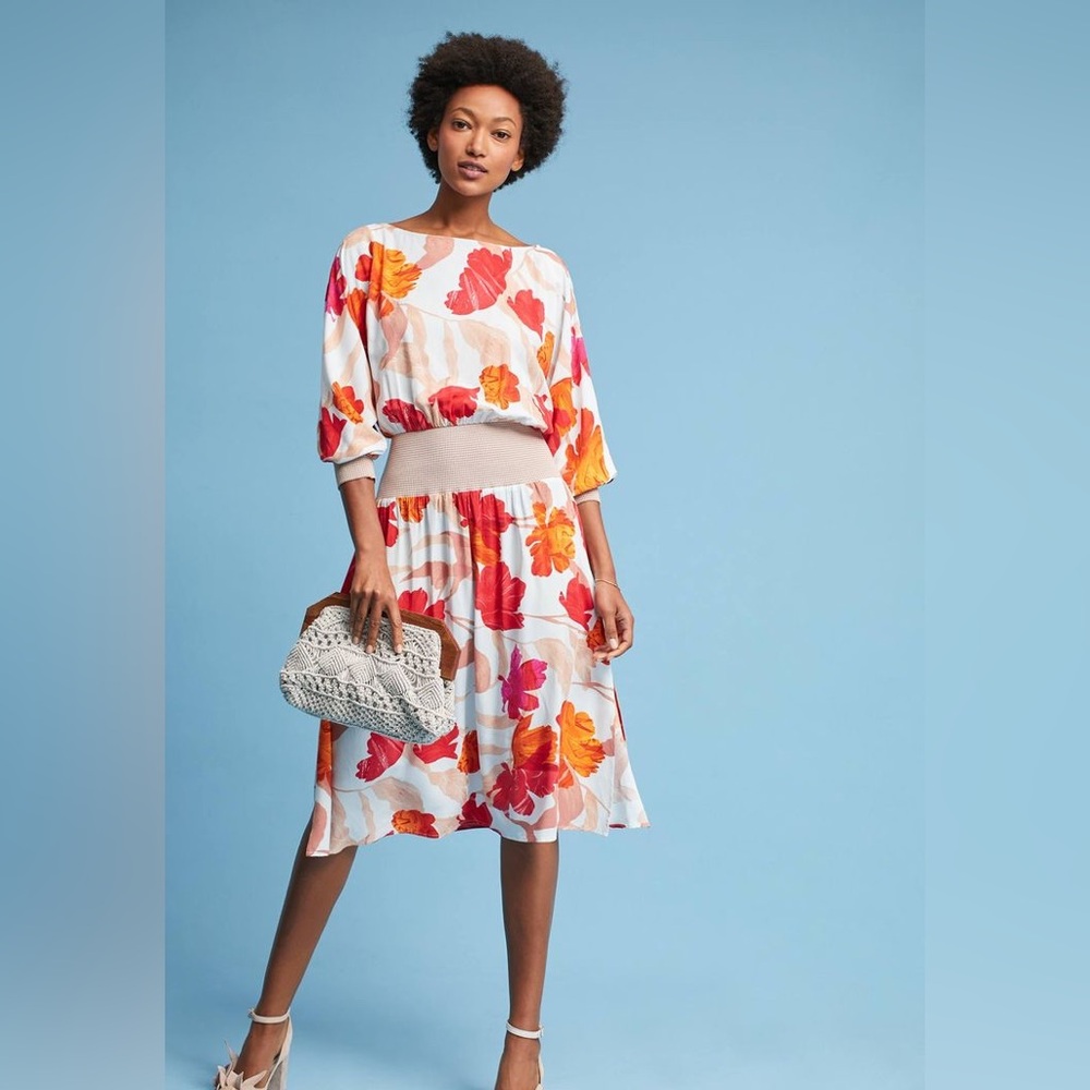 Anthropologie Maeve Floral Midi Dress Orange and red Brand New